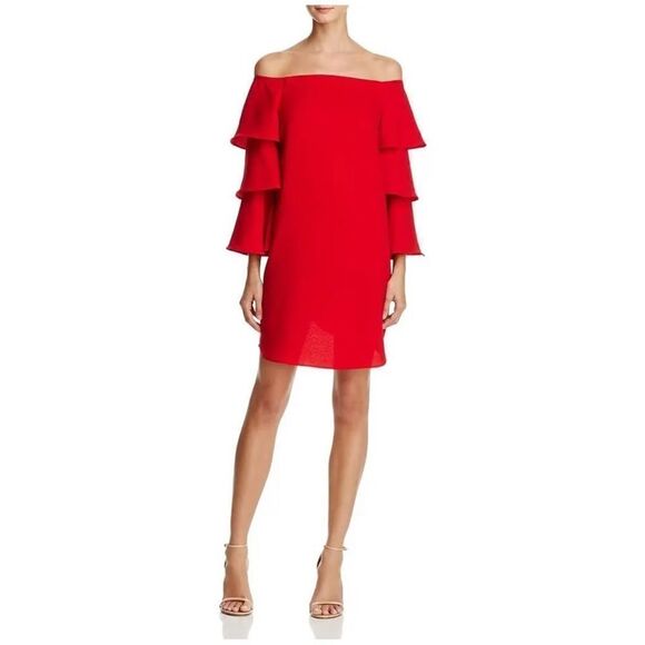 Nanette Lepore Off The Shoulder Shift Dress Womens 6 Red Tiered Sleeve - Picture 1 of 7